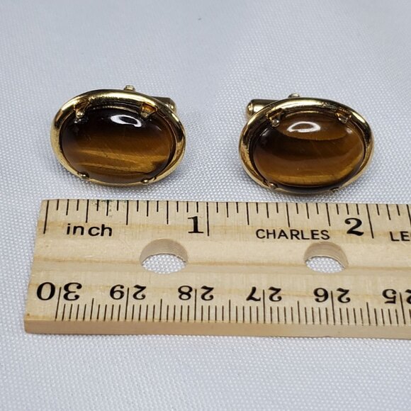 Vintage Gold-Tone Oval Tiger Eye Gemstone Cufflinks For Men - Picture 4 of 15